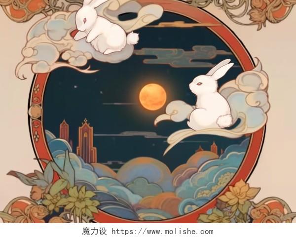 中秋节月兔赏月欧式巴洛克风格欧式花边纹理插图卡通唯美手绘可爱古风插画壁纸